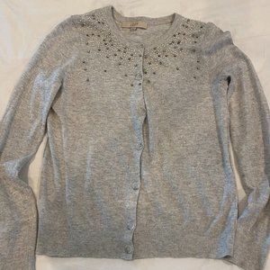 LOFT Women's Gray Cardigan with Pearls & Jewels